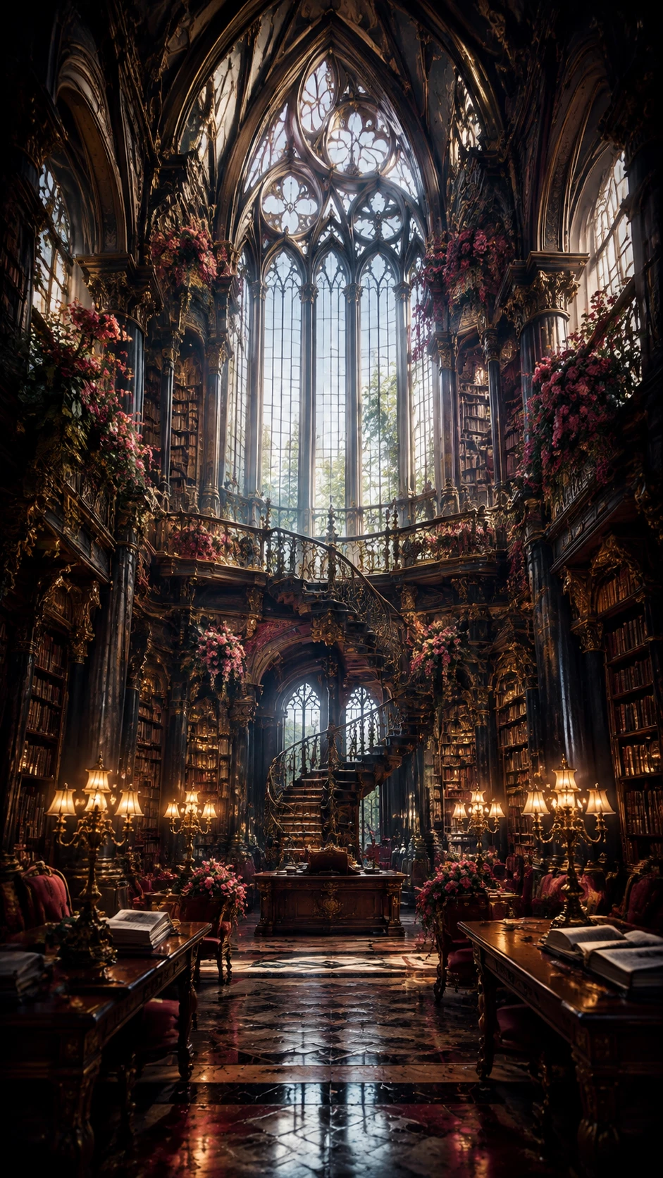 Grande biblioteca gótica barroca de fantasia com tetos imponentes