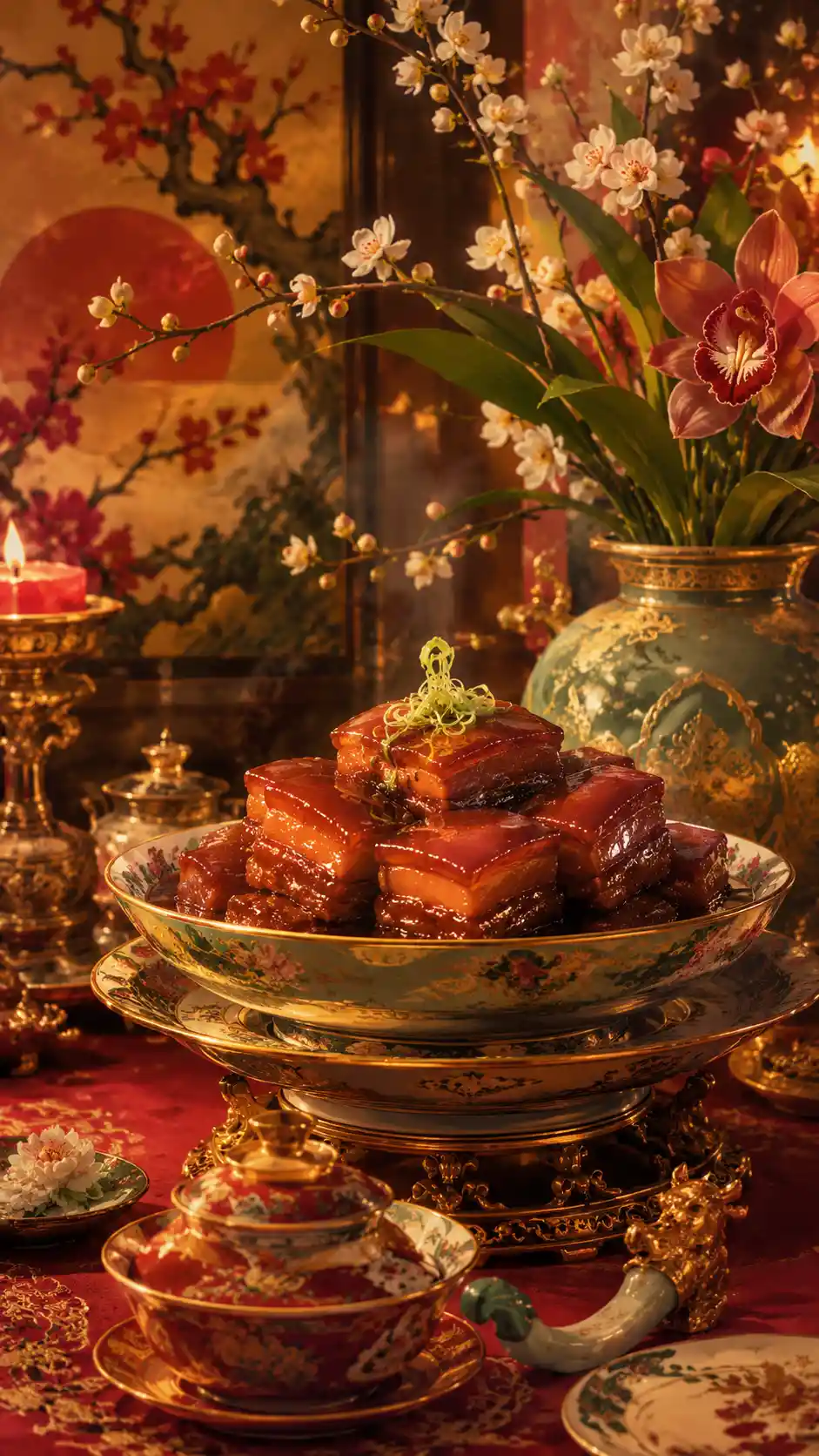 Imperial style Dong Po pork in ornate porcelain bowl