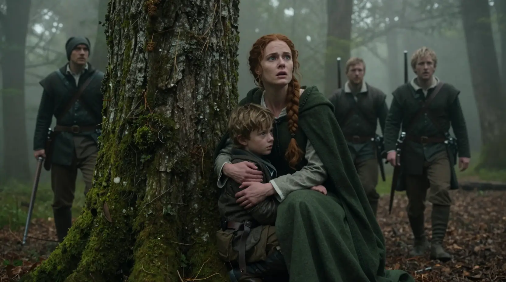 Woman shielding young boy behind a tree in misty forest