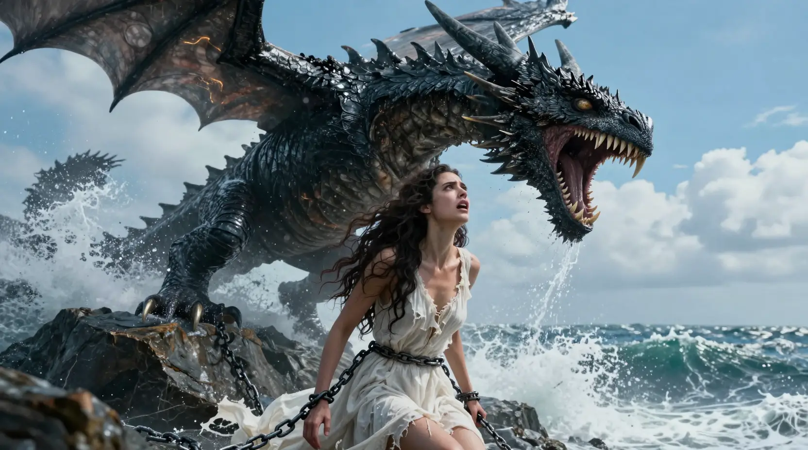 Terrified woman chained to a cliff before a roaring dragon