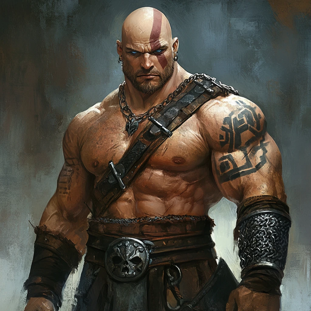 Aschehäutiger Goliath-Krieger mit Stammes-Tattoos