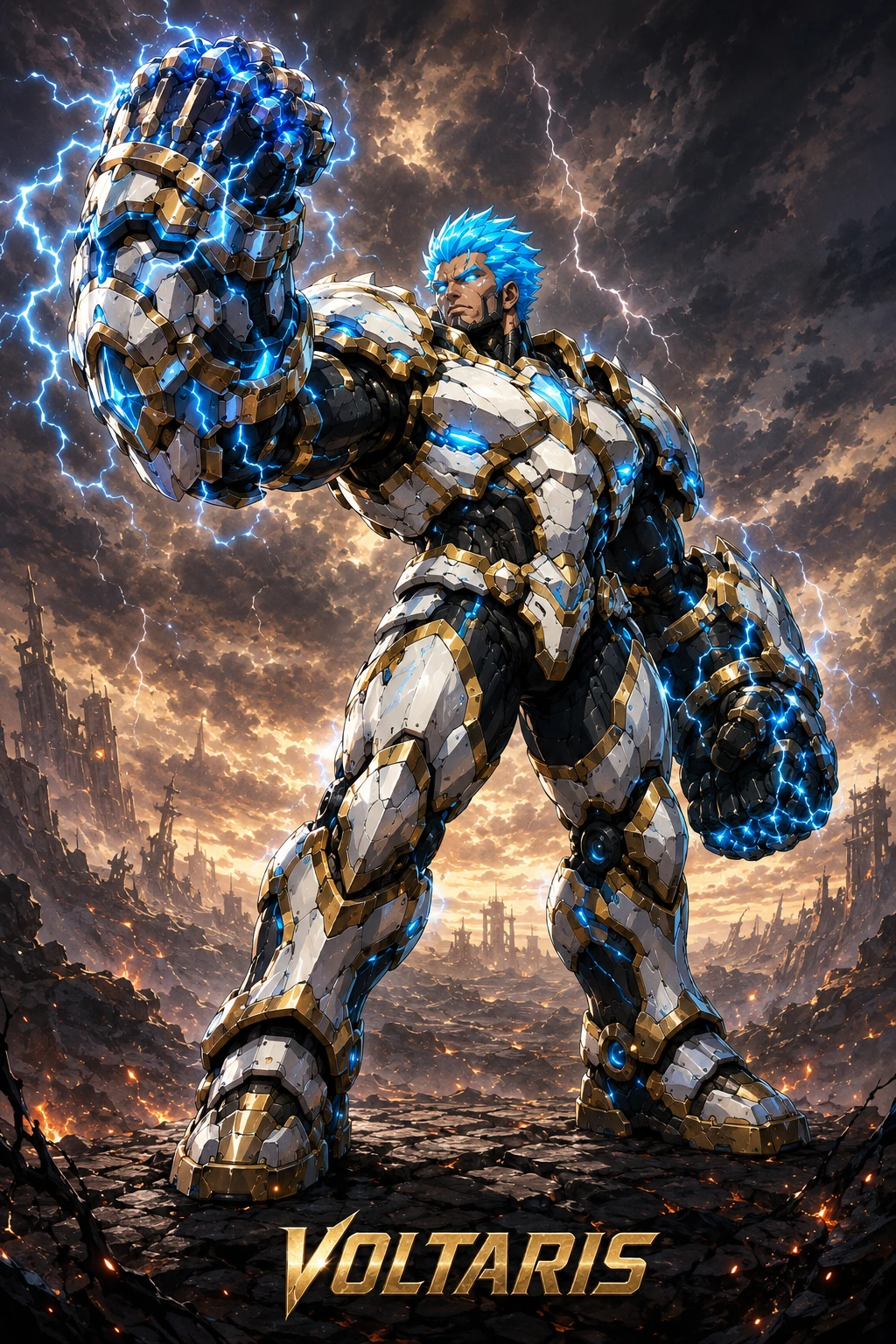Armored storm hero raising a thunder charged gauntlet