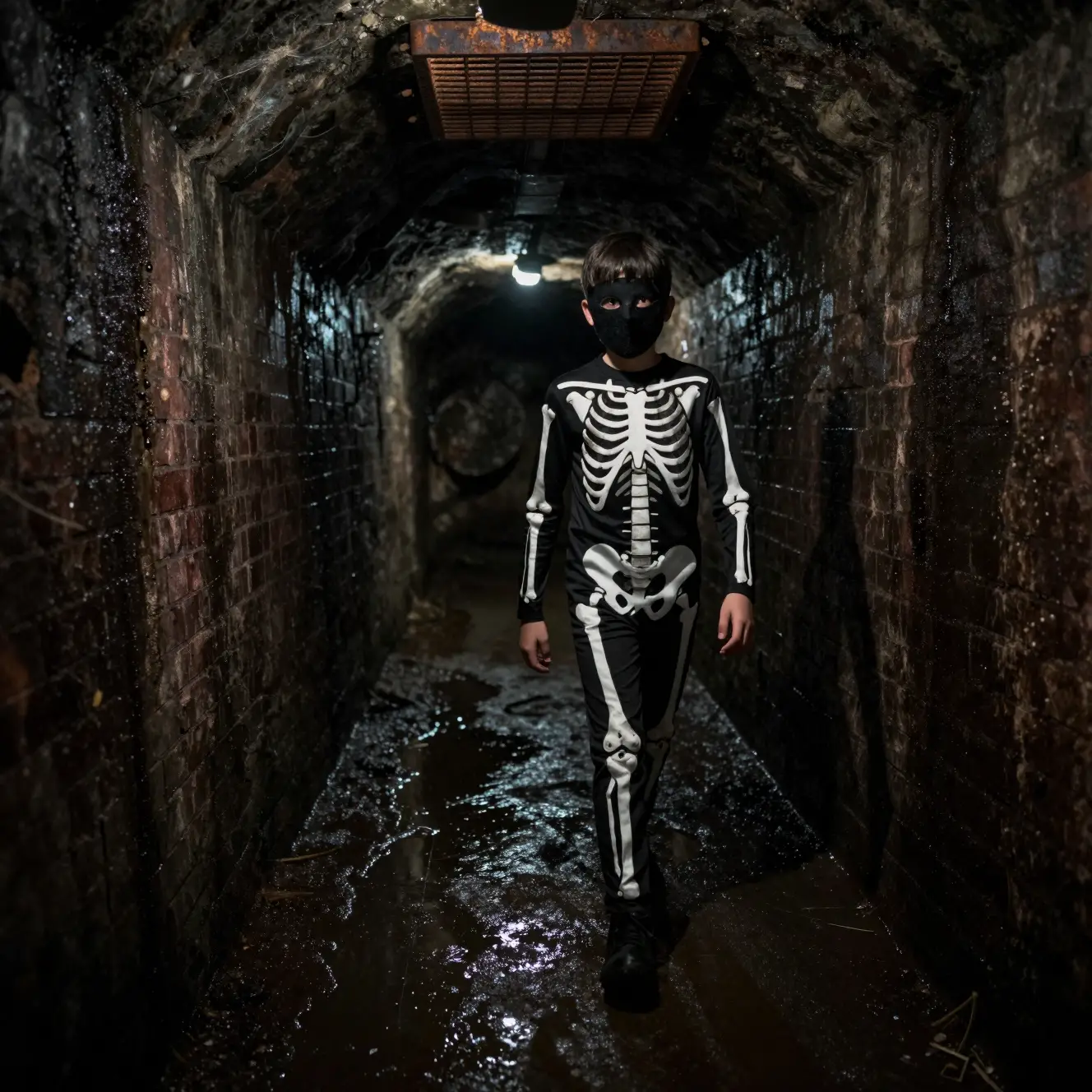 Ragazzo adolescente in costume da scheletro che cammina in un oscuro tunnel fognario