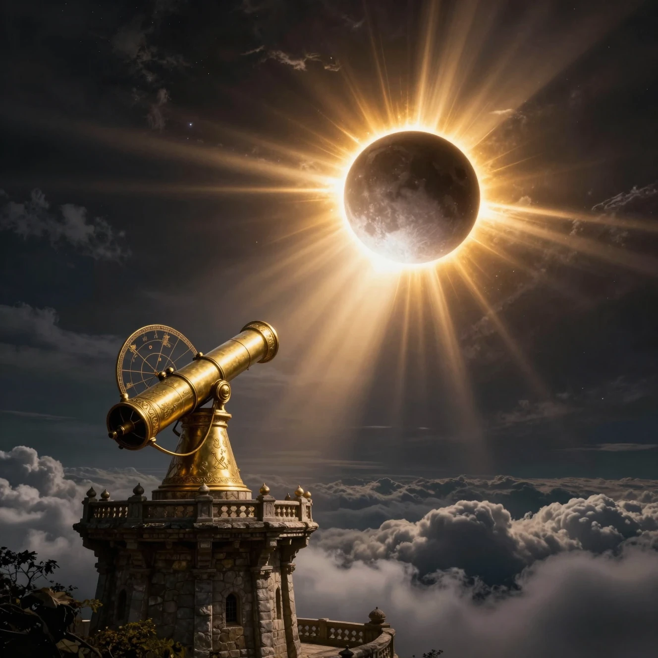 Torre fantástica sob um dramático eclipse solar total