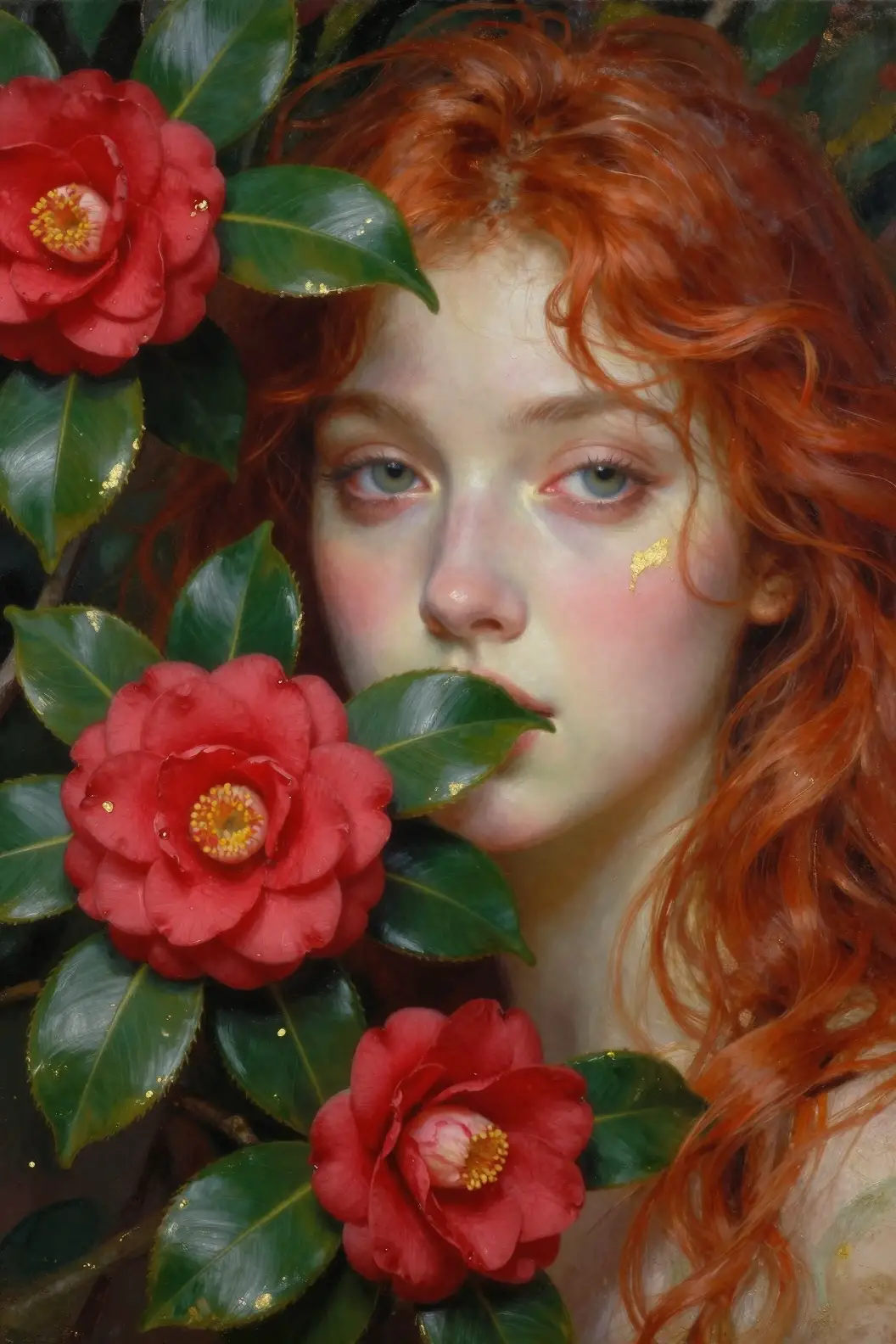 山茶花環繞的魔幻女子肖像