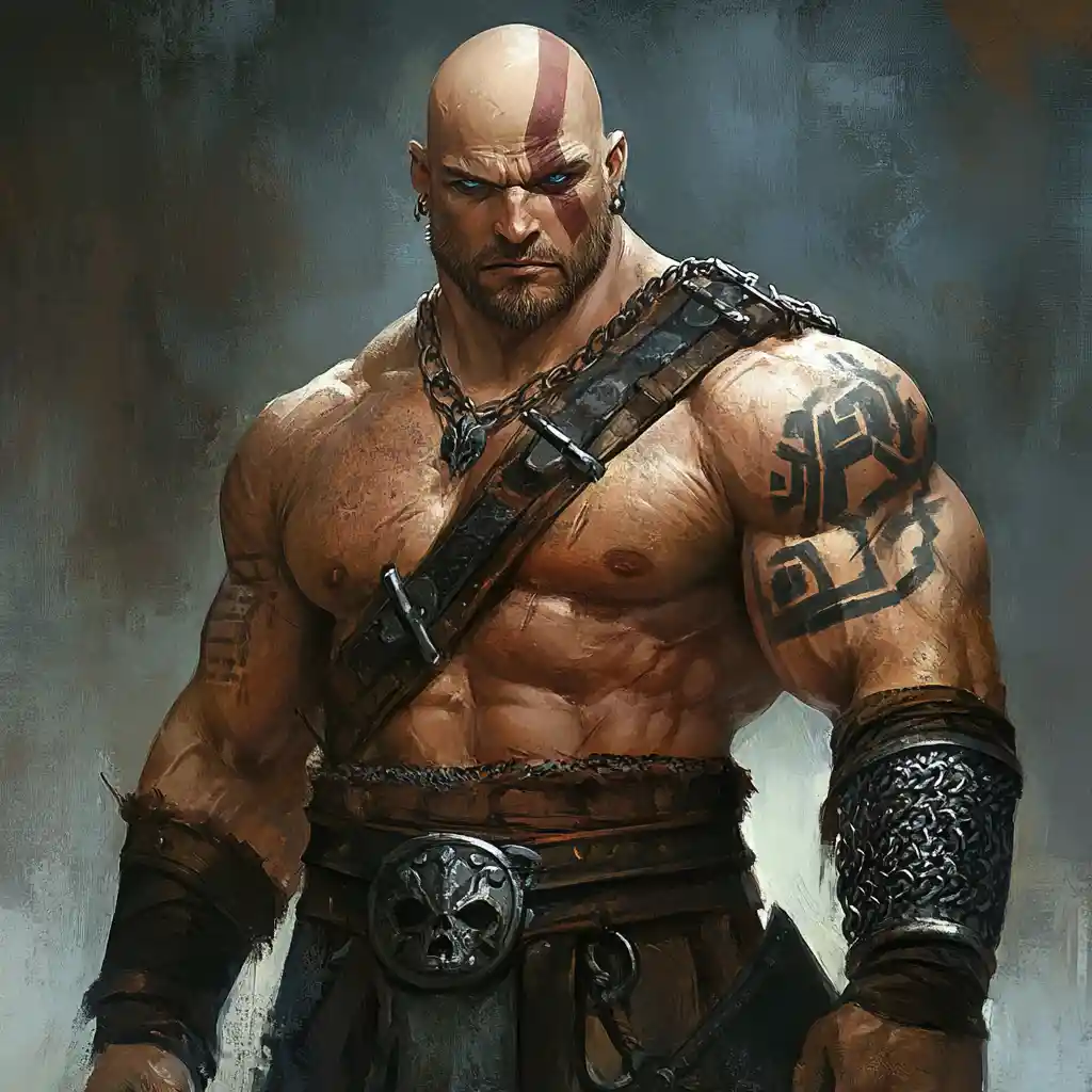 Aschehäutiger Goliath-Krieger mit Stammes-Tattoos
