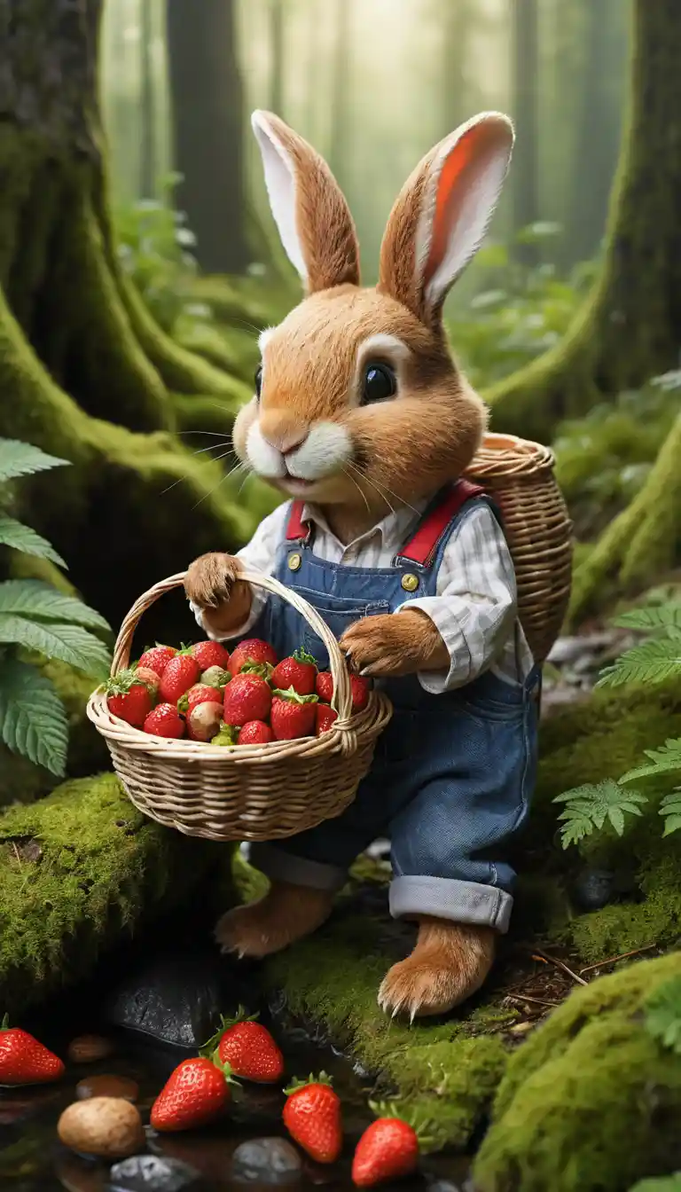 Lapin joyeux en salopette bleue dans une clairière ensoleillée de la forêt