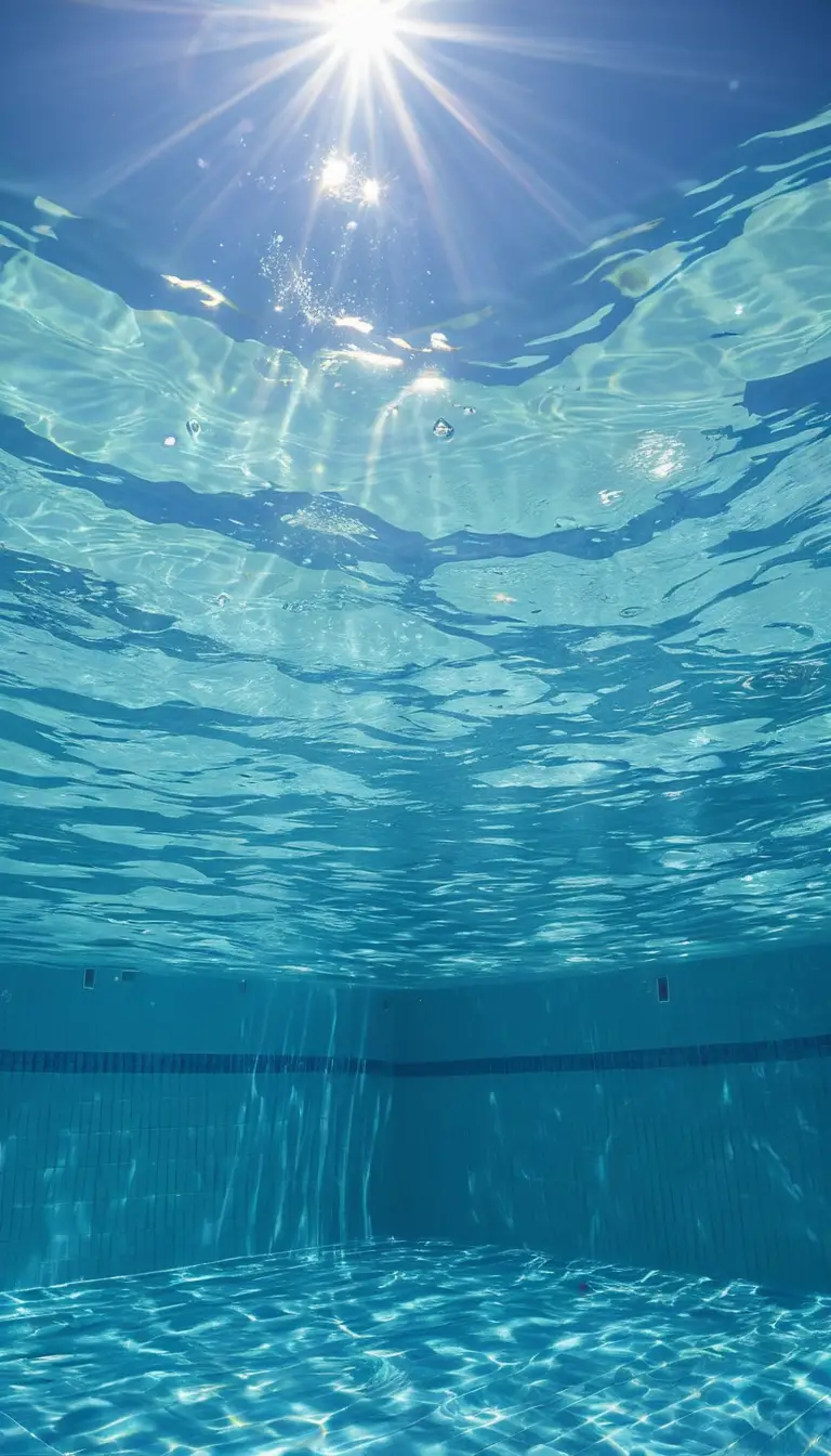 Vue sous-marine d’une piscine bleu clair avec des bulles ascendantes