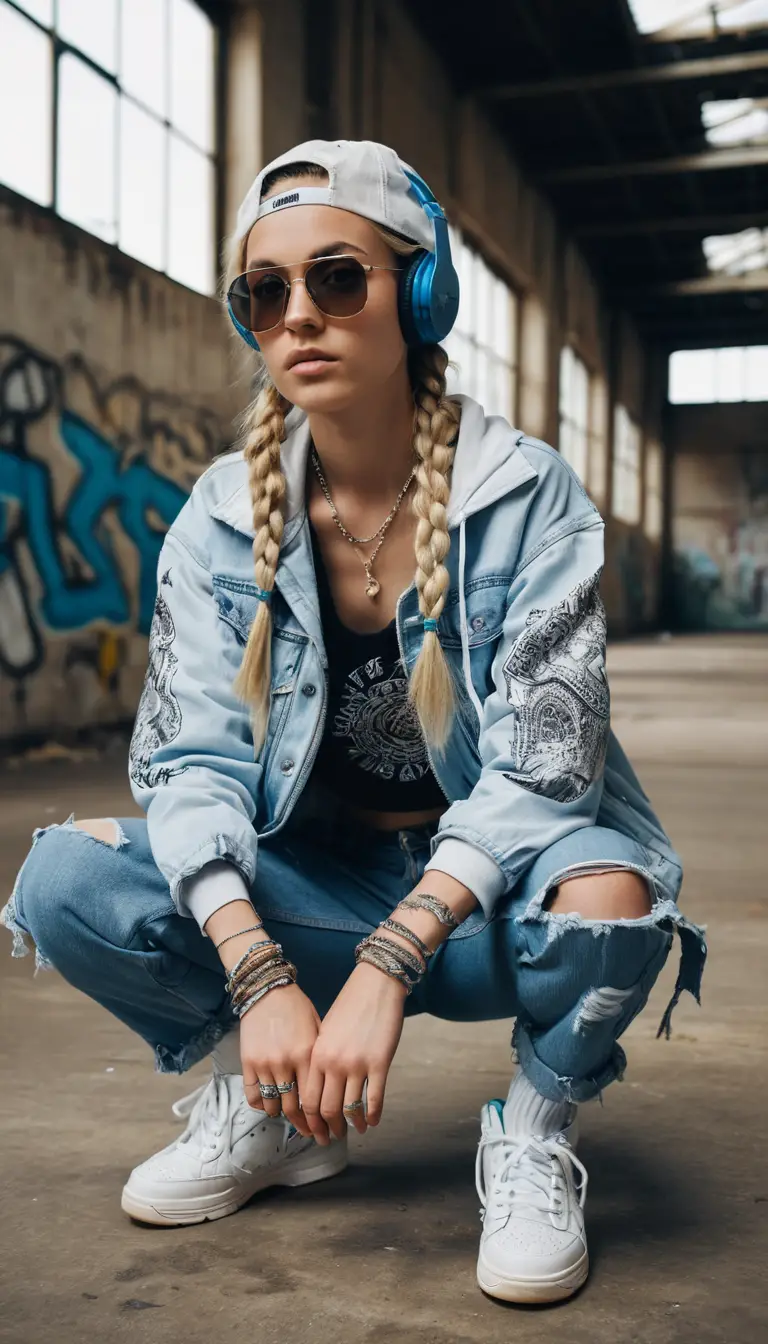 Crouching streetwear woman in industrial graffiti warehouse