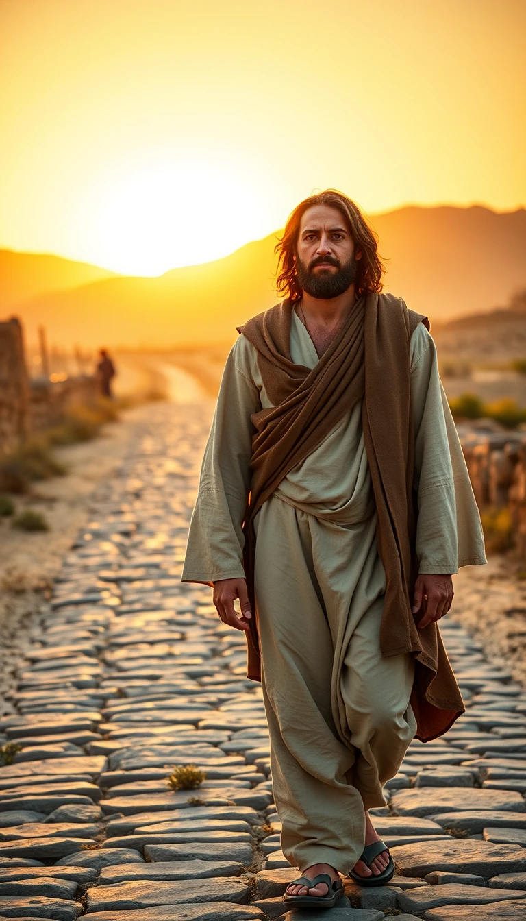 Jesus und ein junger Mann gehen gemeinsam der aufgehenden Sonne entgegen
