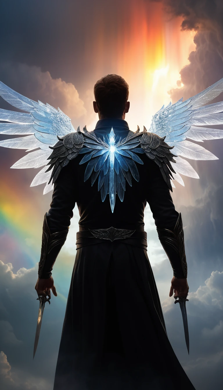 Human silhouette with crystal wings under a stormy sky
