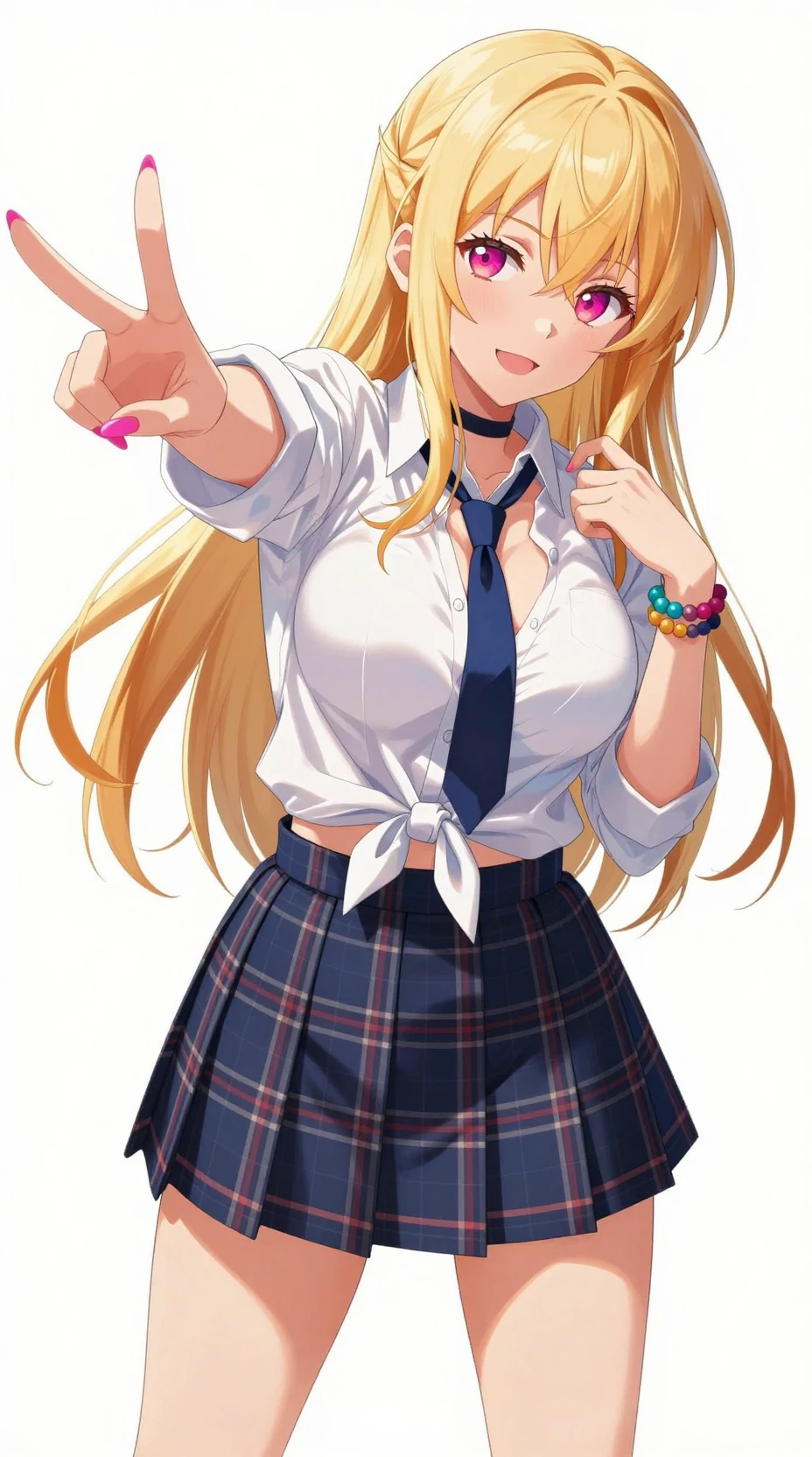 Verspieltes blonde Anime-Schoolgirl posiert vor weißem Hintergrund