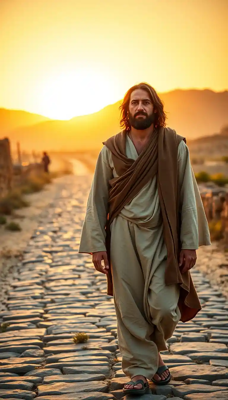Jesus und ein junger Mann gehen gemeinsam der aufgehenden Sonne entgegen