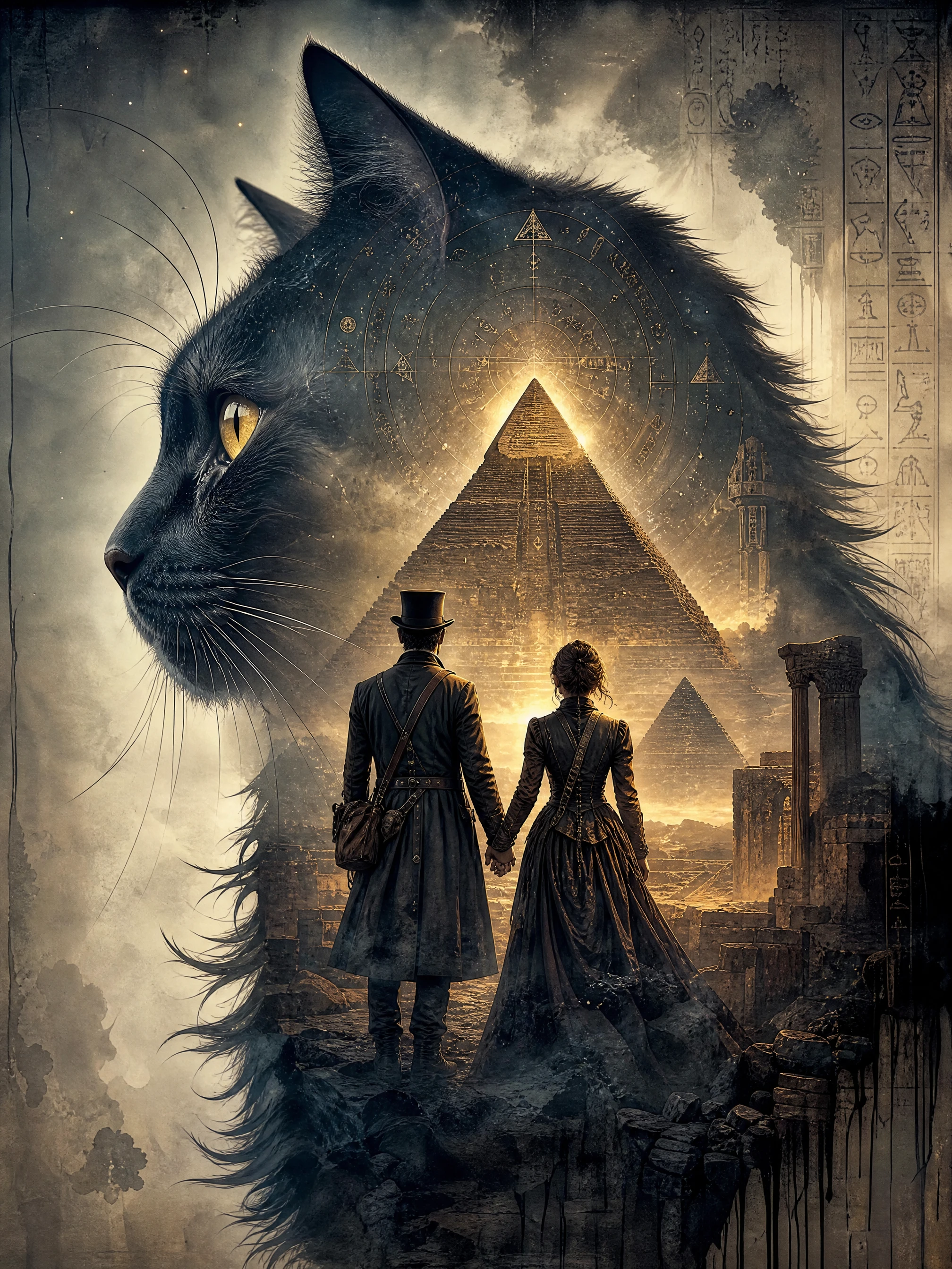 Double exposition : chat à poils longs avec couple victorien et pyramides