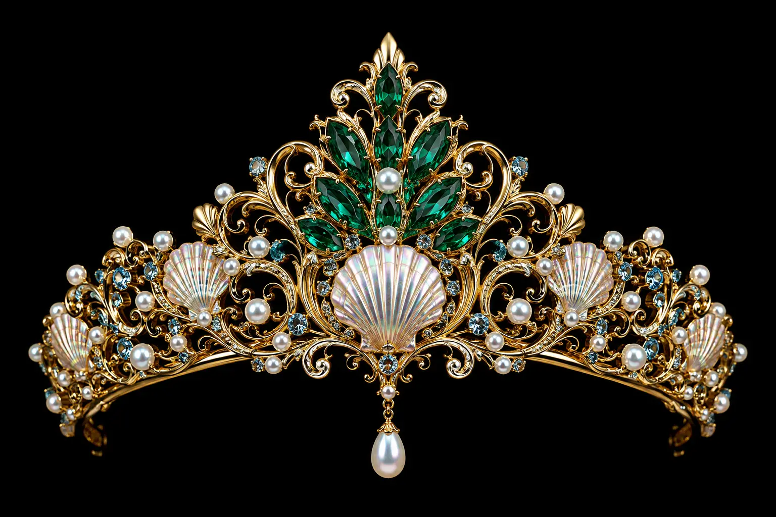Prächtige goldene Tiara mit Smaragden und Perlen auf schwarzem Hintergrund