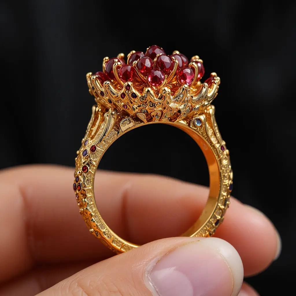 Goldring mit roten Edelsteinen zwischen den Fingern einer Frau