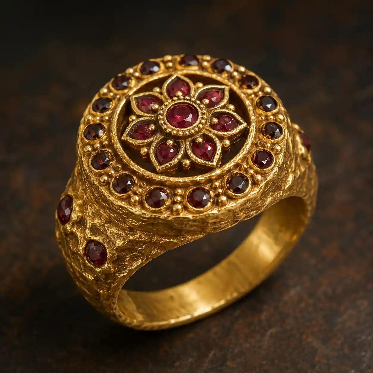 Bague en or ornementée sertie de petites pierres rouge foncé