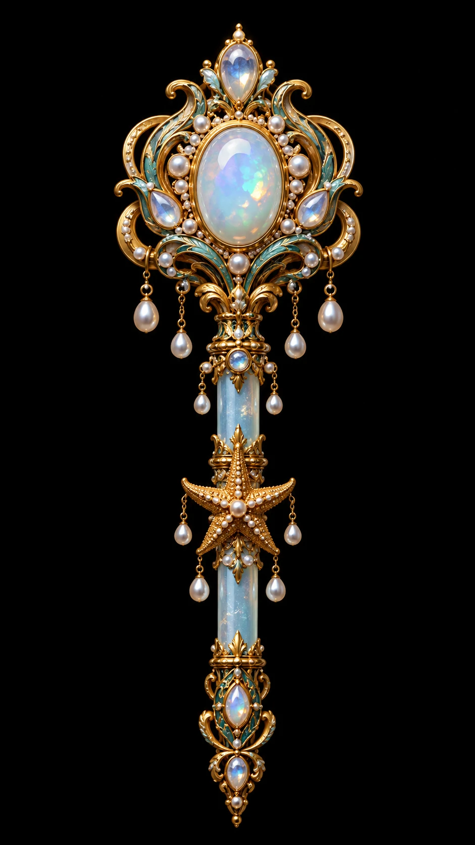 Sceptre doré orné avec opale lumineuse sur fond noir