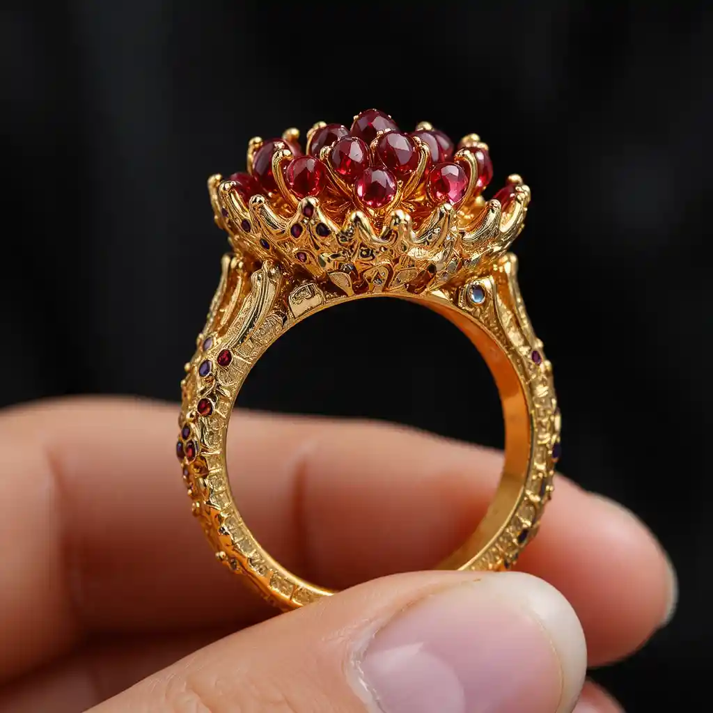 Bague en or avec pierres rouges entre les doigts d’une femme