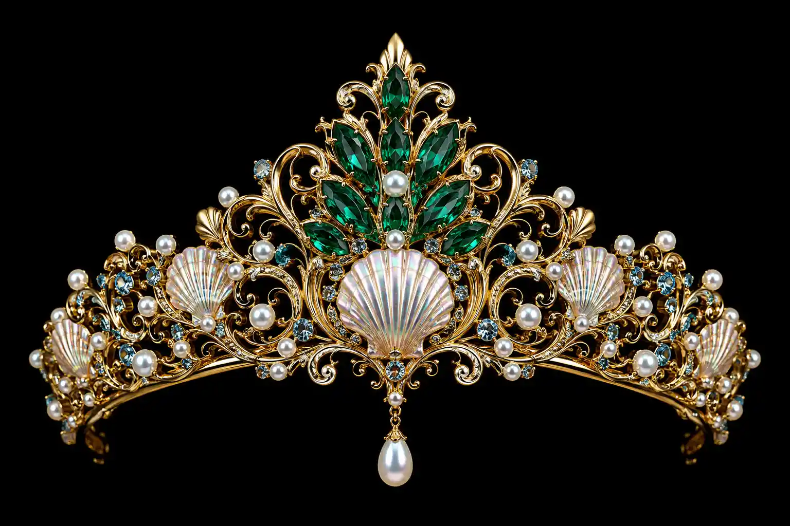Ornate gold tiara with emeralds and pearls on black