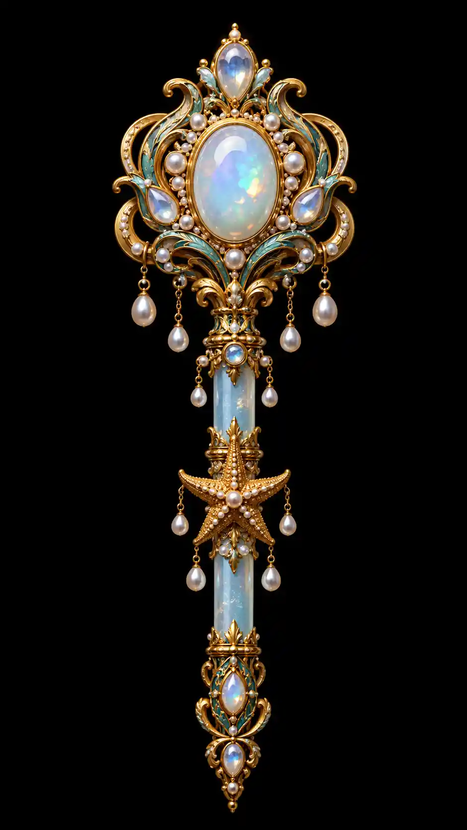 Sceptre doré orné avec opale lumineuse sur fond noir