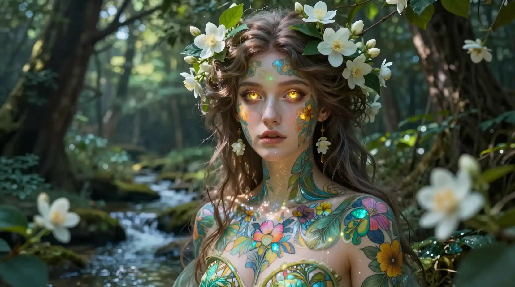 Ethereal goddess with botanical tattoos in a sunlit grove