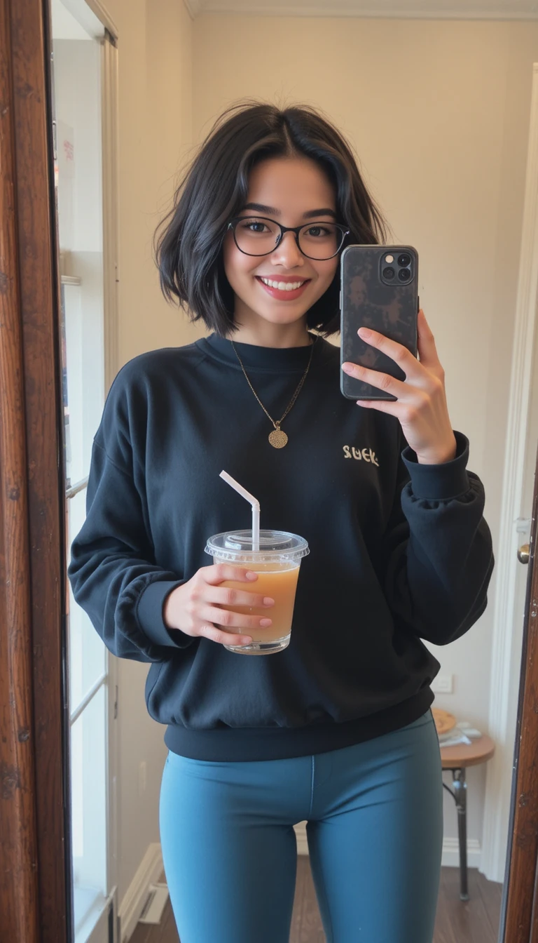 Lächelndes Mädchen macht lässiges Spiegel-Selfie mit Brille