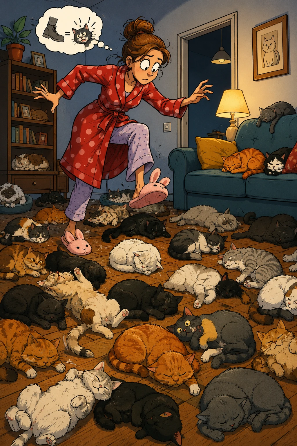 Gatos de desenho animado brincalhões em cada degrau da casa