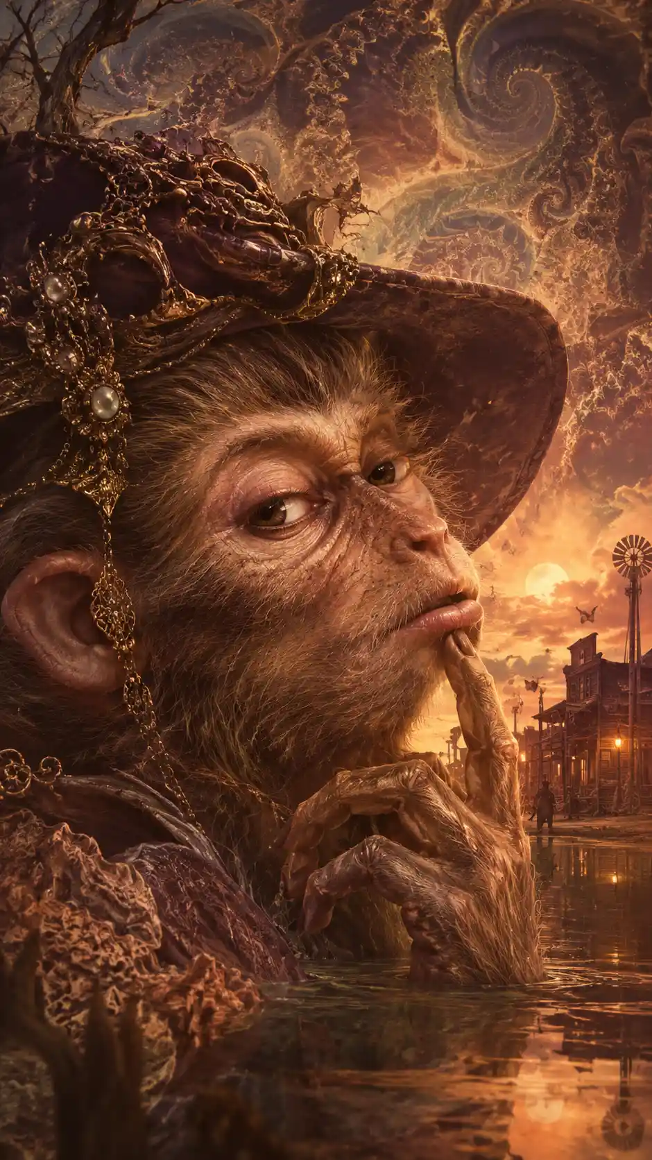 Macaco ornamental em uma cidade do Velho Oeste ao entardecer em close