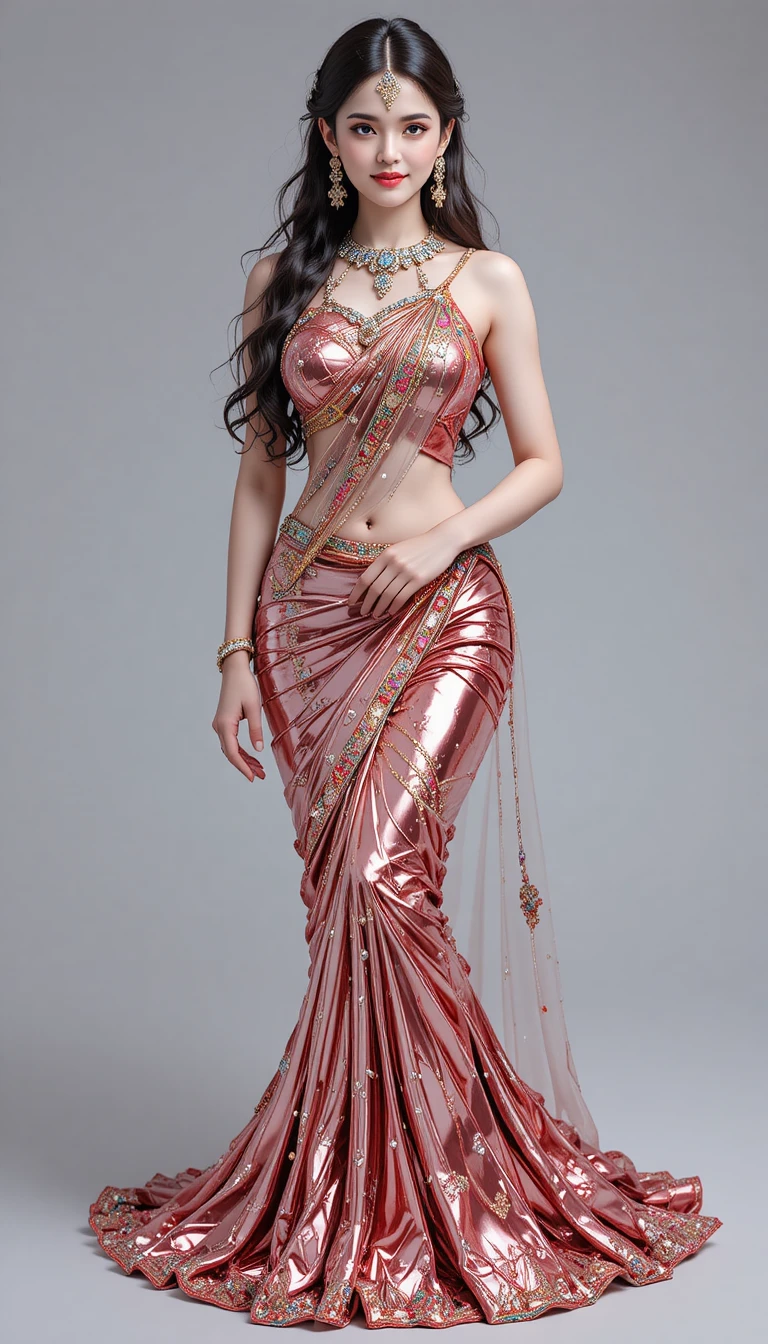 Indian mermaid bride in glossy mirror saree full body view