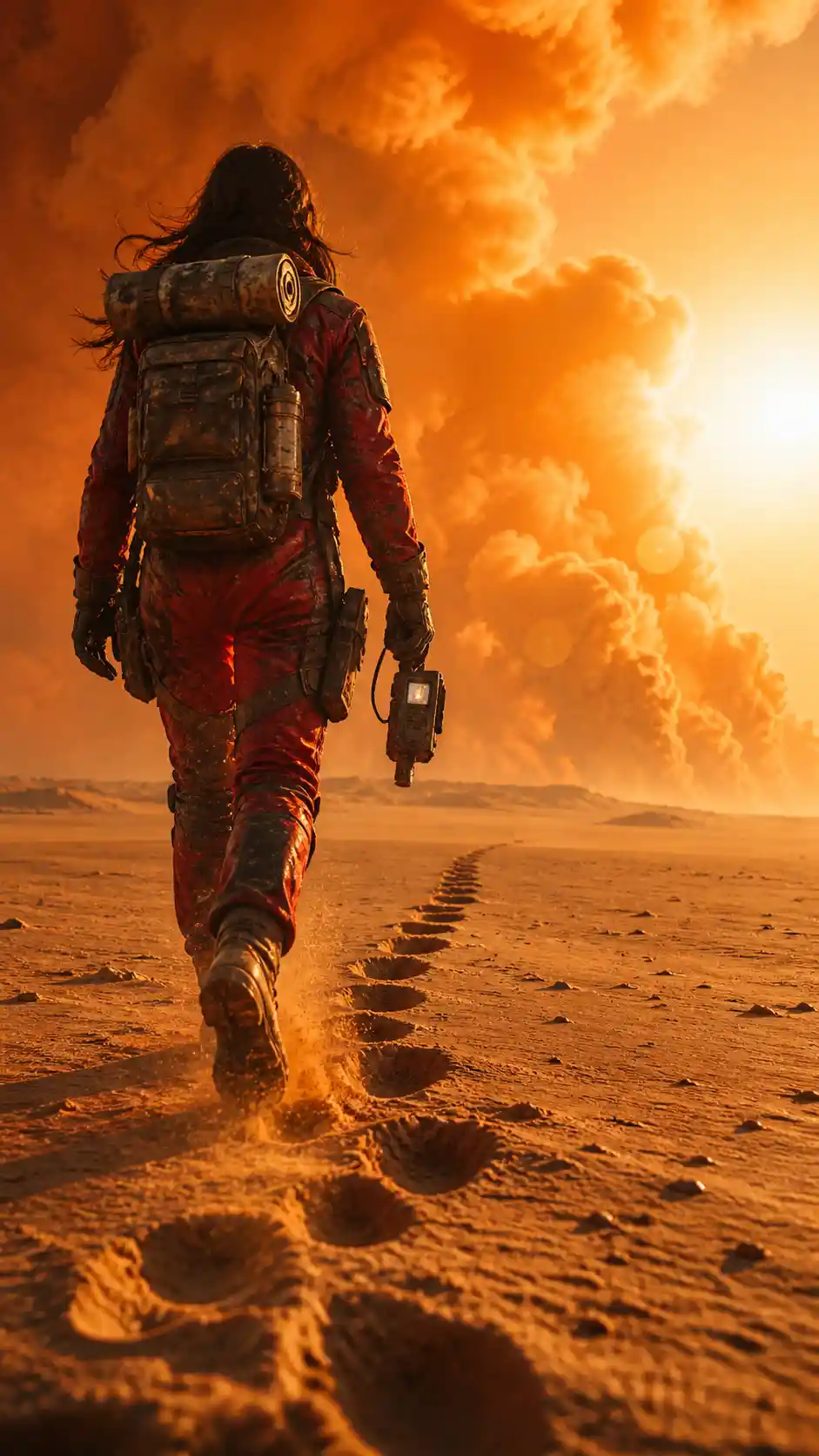 Lone traveler crossing an orange desert toward rising smoke
