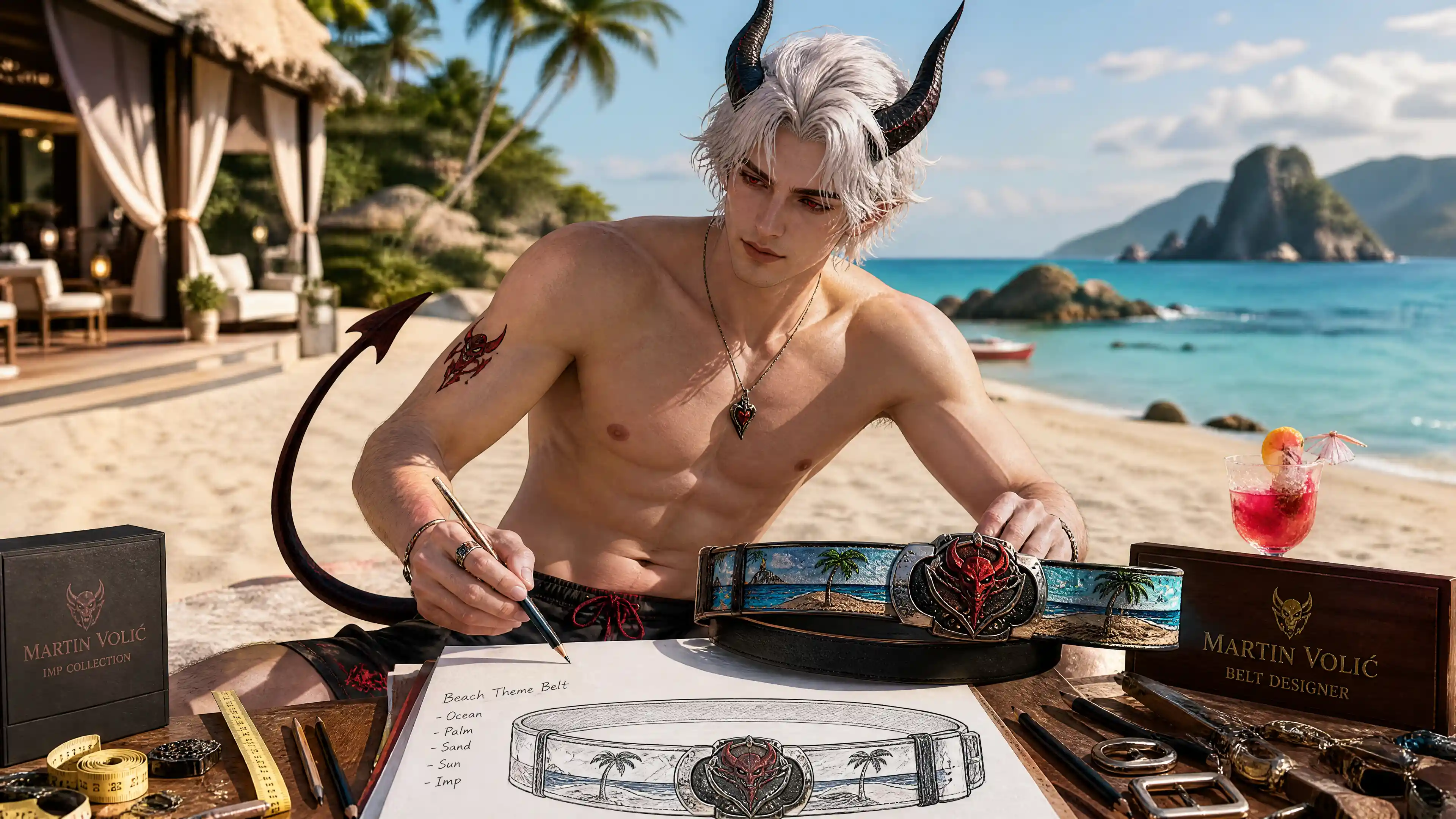 Horned fantasy man designing a belt on sunny beach