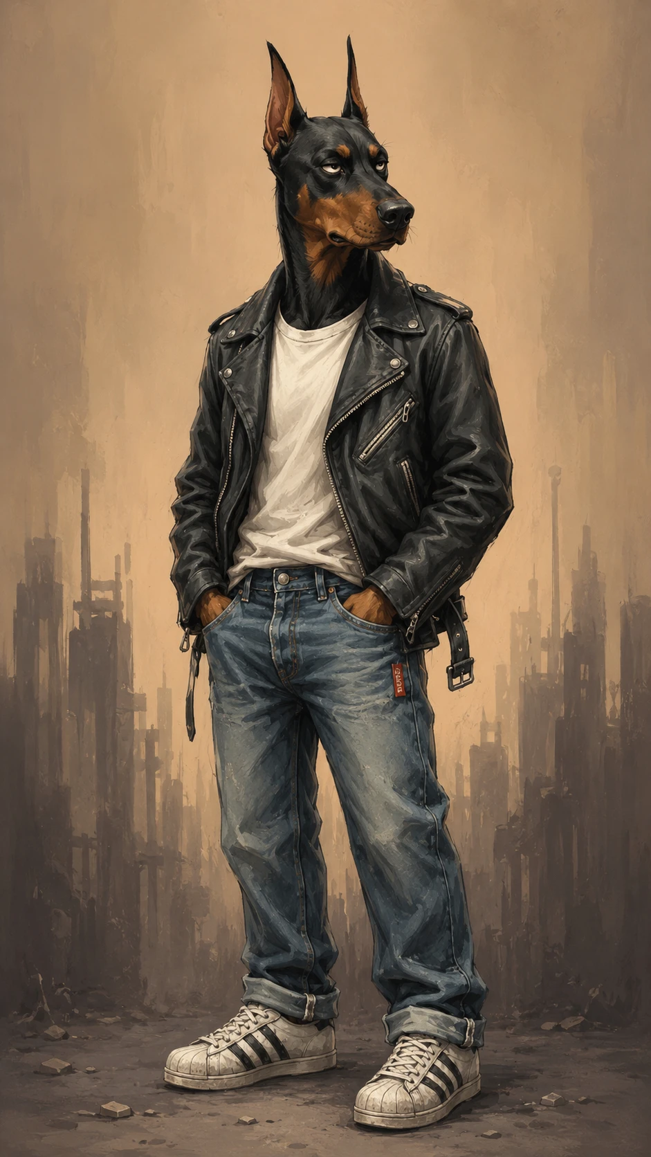 Dobermann anthropomorphe en tenue streetwear décontractée - illustration