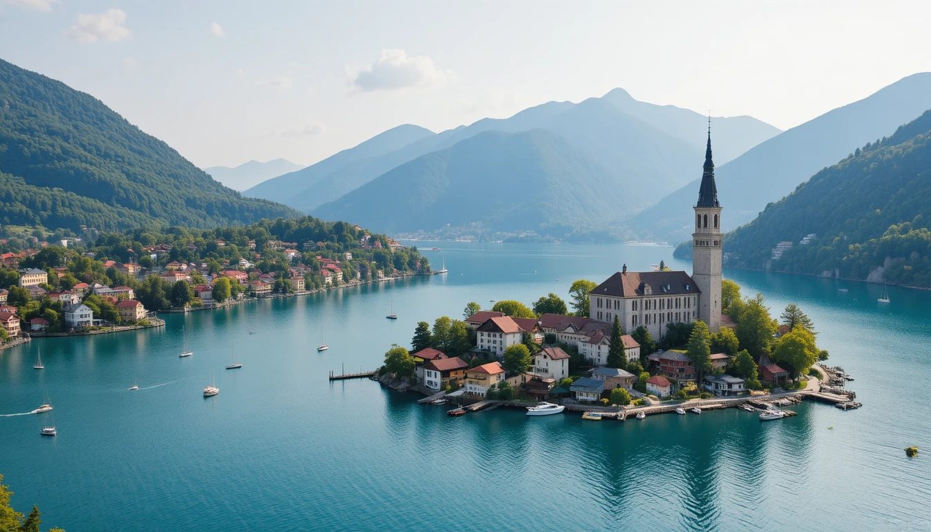 Luftaufnahme eines ruhigen Dorfes am See und der Berge