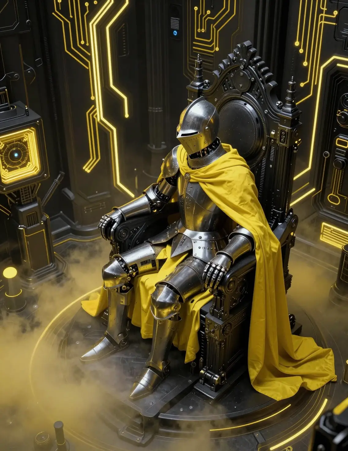 Surrealer Ritter auf obsidianenem Thron in neonbeleuchteter Kammer