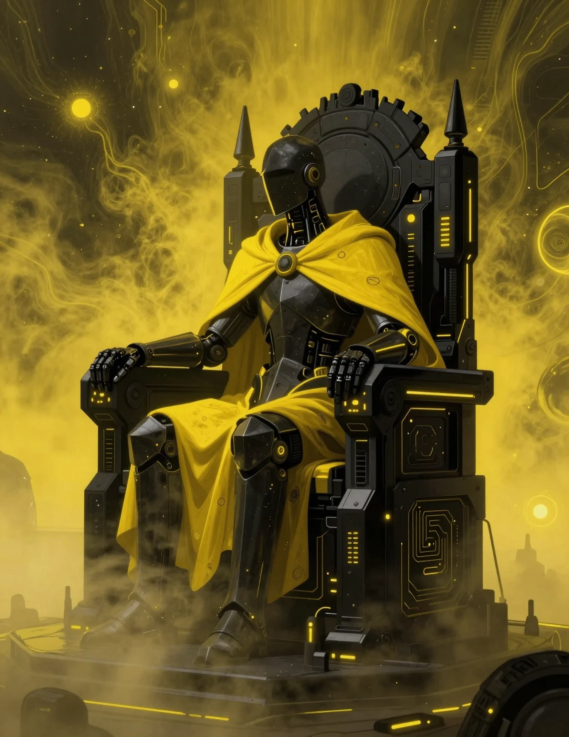 Giant knight on obsidian throne in neon lit chamber