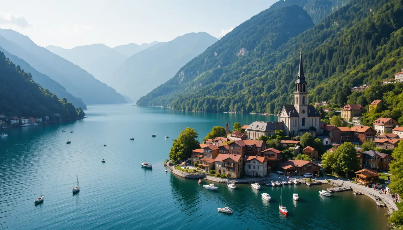 Aerial view of a tranquil lakeside village and mountains