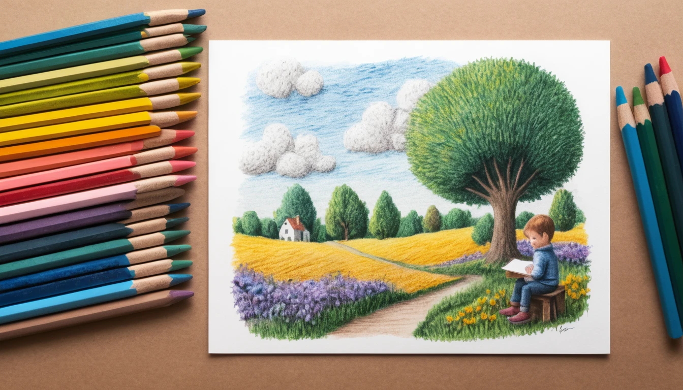 Young boy drawing a simple pastel landscape at table