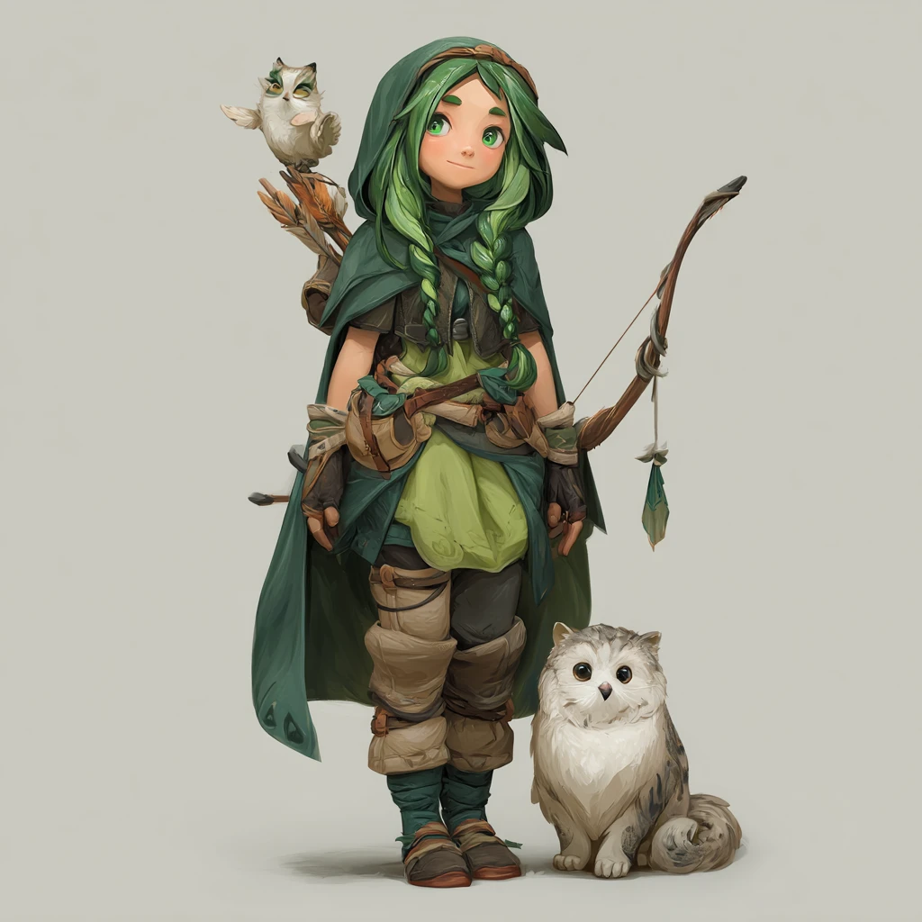 Gnoma garota arqueira monja de cabelo verde com companheiro animal