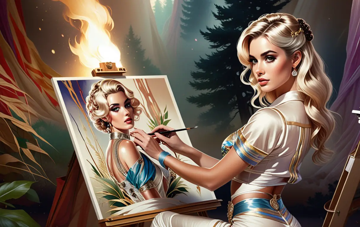Blonde painter working on a forest fire canvas in studio