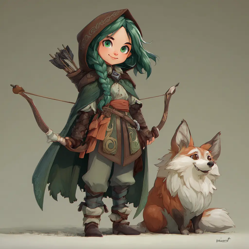 綠髮地精少女弓箭手與動物夥伴