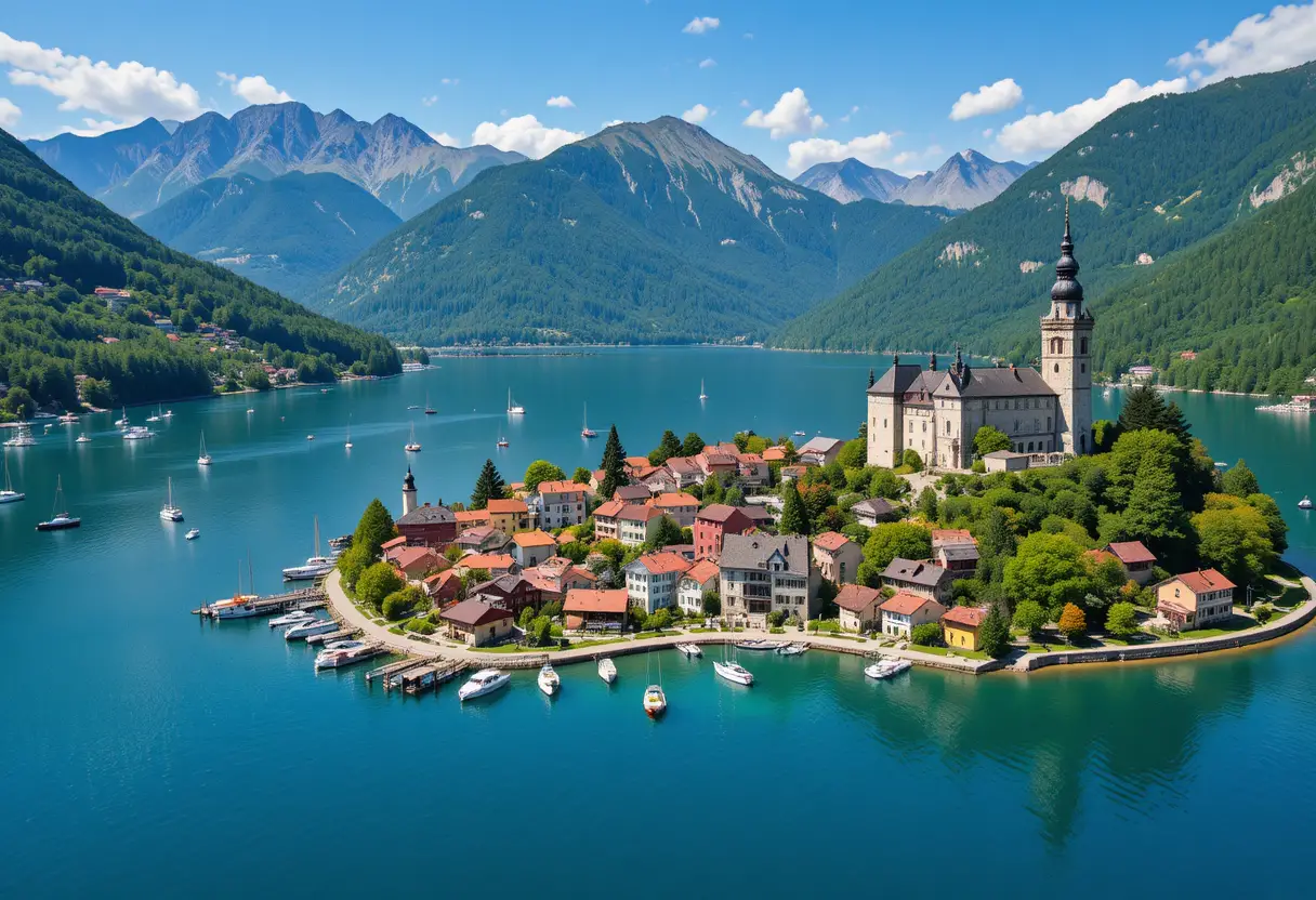 Aerial view of a serene lakeside village and mountains