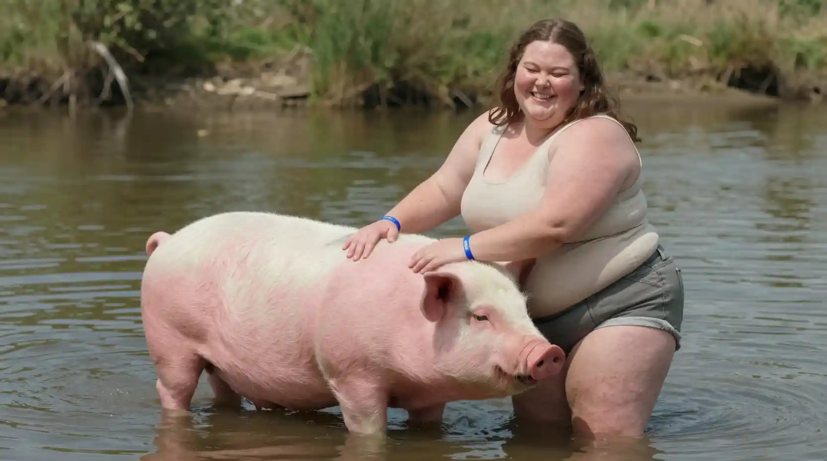 Fröhliche Frau reitet auf einem riesigen rosa Schwein im seichten Wasser