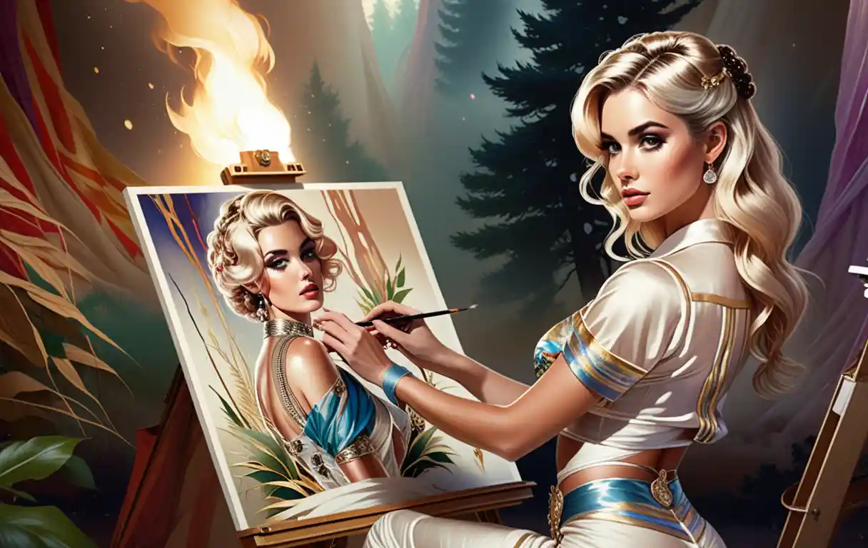 Blonde painter working on a forest fire canvas in studio