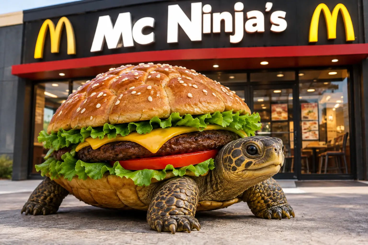 Hamburger turtle under a playful Mc Ninja street sign