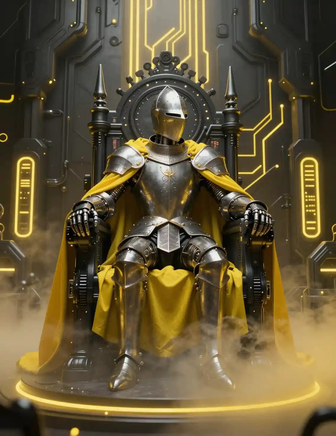 Riesiger Ritter auf obsidianernem Thron in einem kybernetischen Kapellenraum