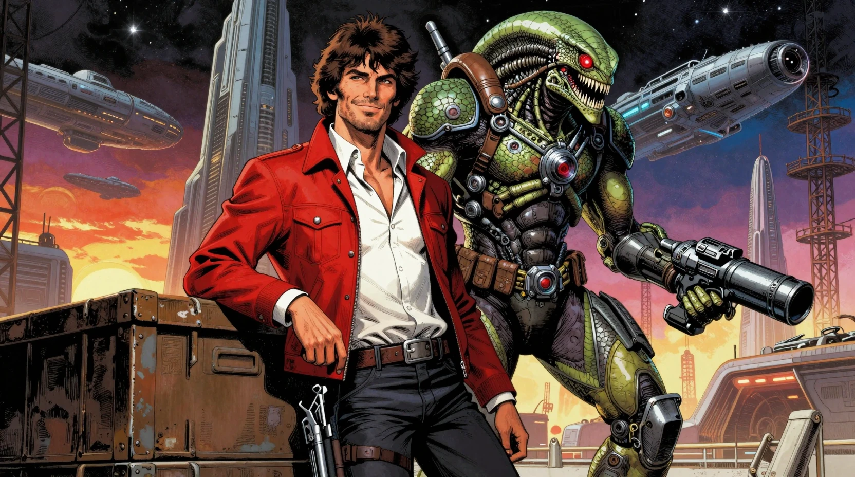 Human smuggler and cybernetic reptile enforcer in spaceport