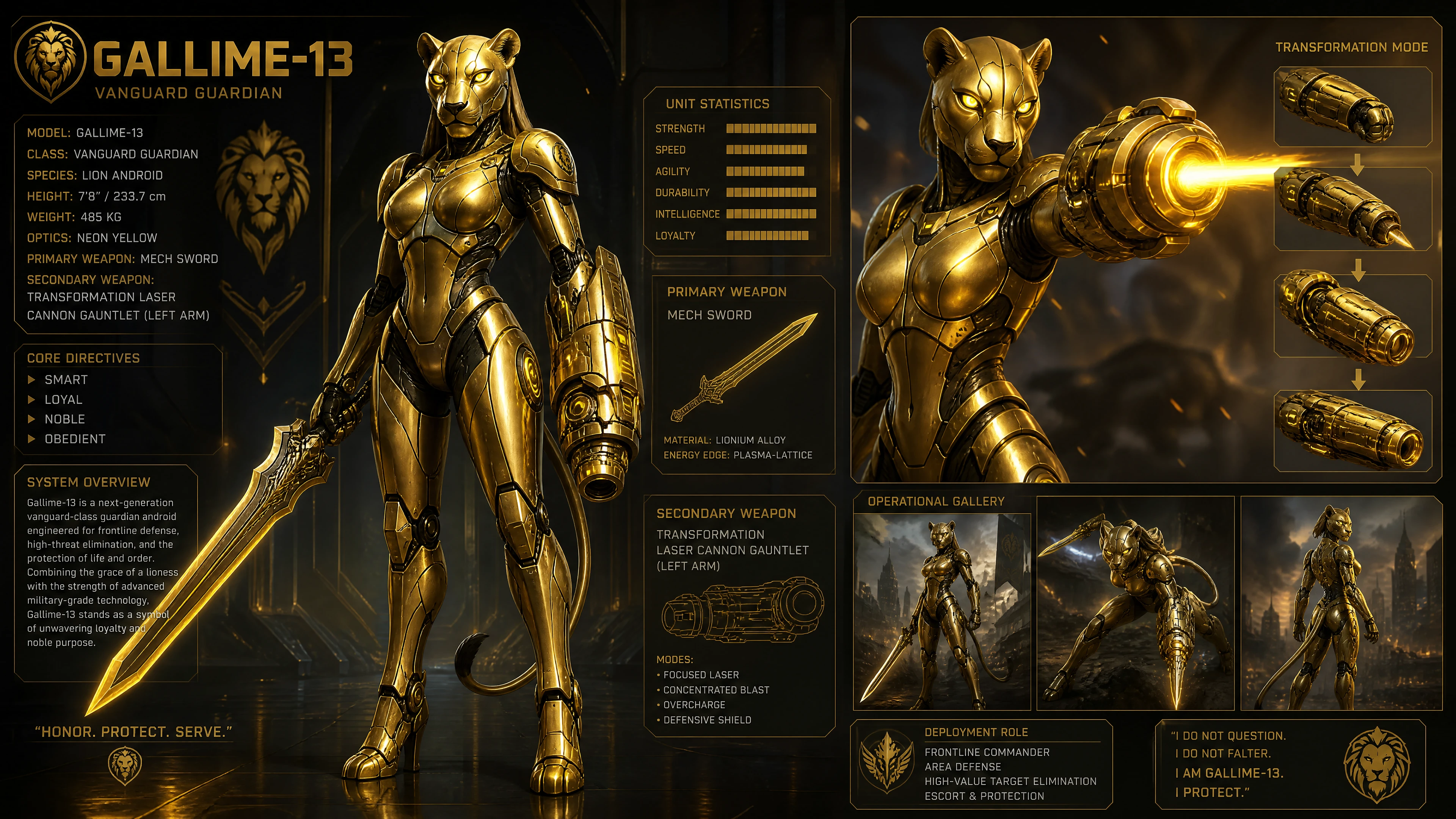 Eleganter goldener Löwen-Android-Wächter mit neon­gelben Augen
