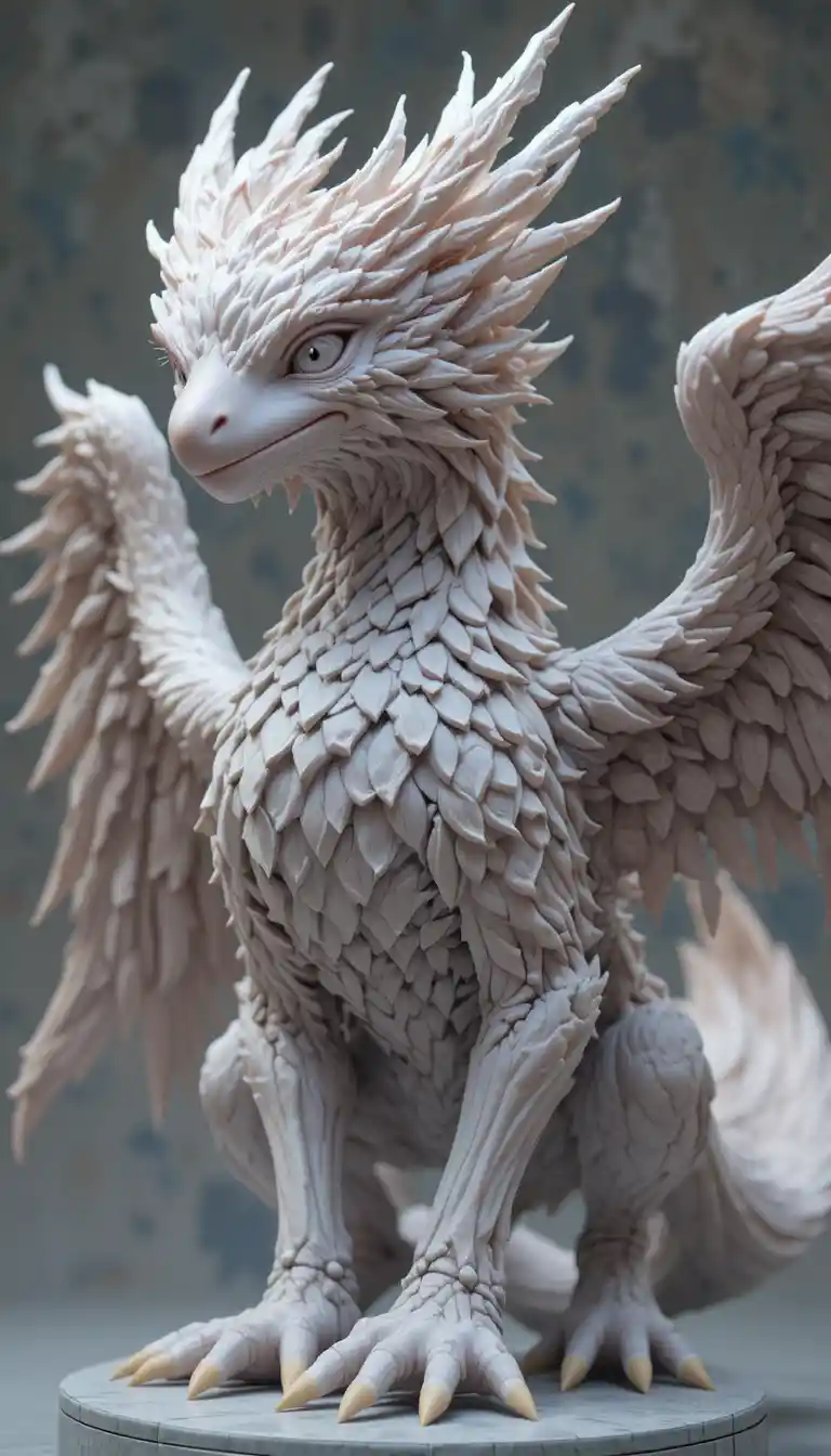 Escultura de grifo em estilo anime com cabeça grande e membros curtos
