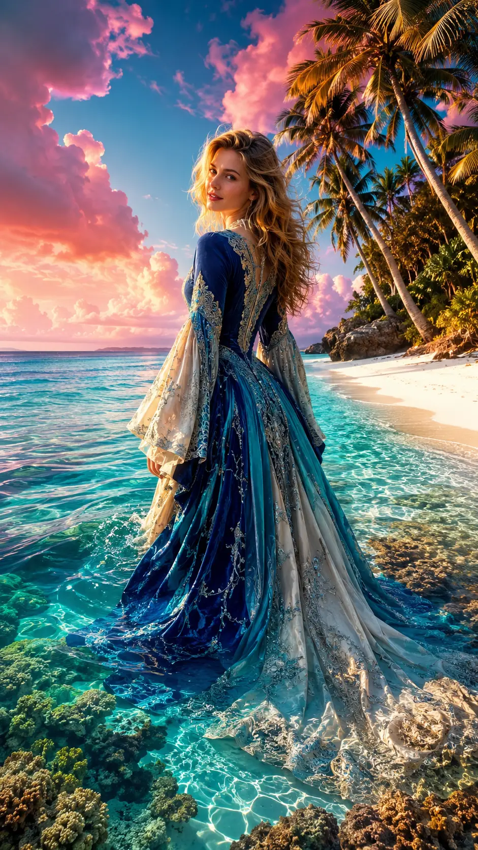 Elegant woman in couture gown in tropical shallows